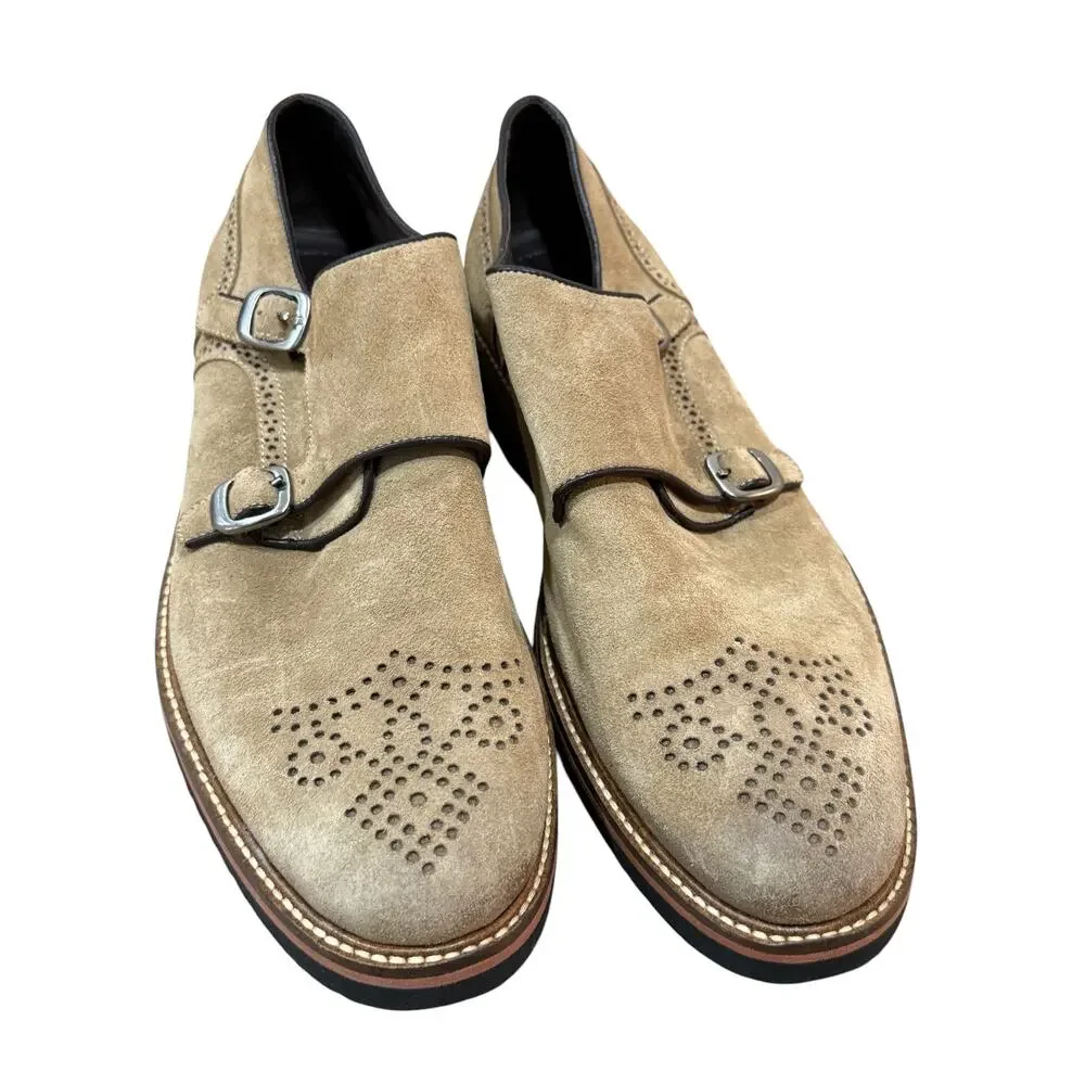 Martin Dingman Double Monk Strap Suede Shoes Mens 10 Tan Wingtip Vibram Lug Sole
